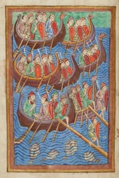 Danskere under Hinguar og Hubba lander i Storbritannien, fra Miscellany on the life of St. Edmund, Bury St Edmunds, c.1130 (vellum)
