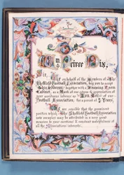 Dedikation fra en adresse fremlagt af Sheffield Football Association til William Pierce-Dix i anledning af hans pensionering som sekretær, 1882 (blæk på papir) (se også 315163)