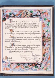 Dedikation fra en adresse fremlagt af Sheffield Football Association til William Pierce-Dix i anledning af hans pensionering som sekretær, 1882 (blæk på papir) (se også 315162)