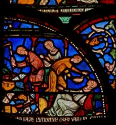 Detalje fra Miracle Window, der forestiller Geoffrey af Winchesters mor, der beder til St.Thomas