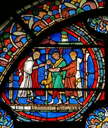 Detalje fra Mirakelvinduet, der viser pilgrimme, der bliver helbredt ved St. Thomas-helligdommen