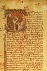 Detalje af et dekorativt brev i et manuskript fra 1300-tallet. Duns Scotus underviser sine elever