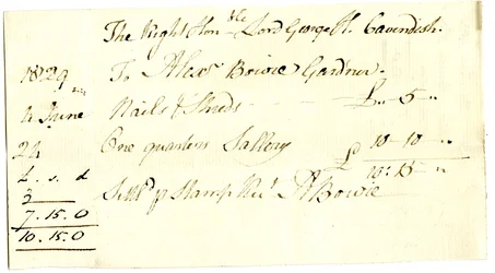 Devonshire MSS AS 3101, folio fra et bundt sedler afgjort af Pinder Simpson for Lord George Cavendish, inklusive Alexander Bowies seddel