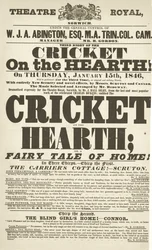 Dickens playbill: The Cricket on the Hearth på Theatre Royal, Derby, 15. januar 1846