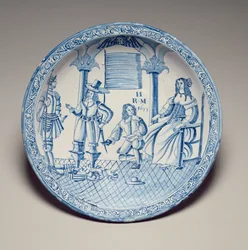 Fad med dronning Catherine siddende med en sko monteret af en knælende Cavalier, 1677 (tinglaseret lertøj)