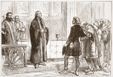 Dr. Haller udskænker Lords Supper i Bern Cathedral, illustration fra The History of Protestantism af James Aitken Wylie (1808-1890), pub. 1878