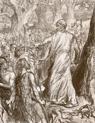 Druider, der opildner briterne til at modsætte sig romernes landgang, illustration fra Cassells Illustrated History of England (sepiafoto)