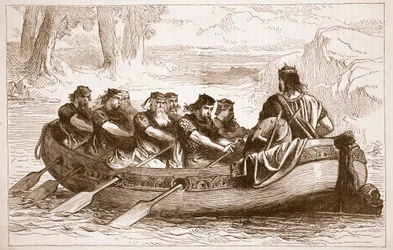 Edgar Stillehavet bliver roet ned ad floden Dee af Eight Tributary Princes, illustration fra Cassells Illustrated History of England (sepia foto)