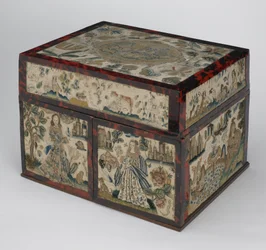 Broderet kiste, ca. 1660 (silke, lærred, træ, skildpadde og sølvbeslag)