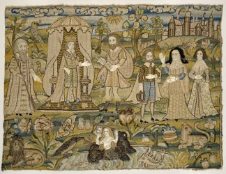 Broderet billede: "The Proclamation of Salomon", midten af 1600-tallet