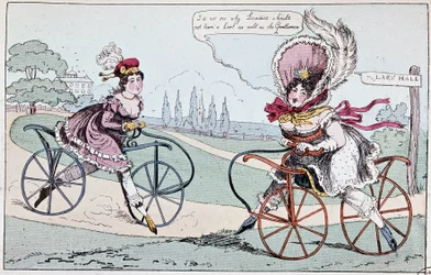 Engelsk tegneserie om hobbyheste i 1819 (første cykler) - i "" Teoretisk og praktisk cykling"" af Baudry de Saulnier