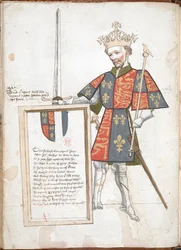 Den engelske konge i rustning og fane (Richard II) overrækker en plakette med vers.