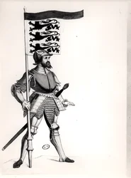 Engelsk soldat holder en standard med de tre løver i England