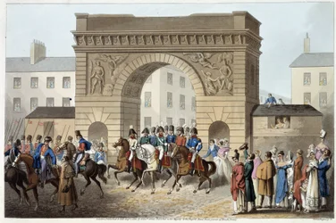 Englændere og allierede indtog Paris i "Historical, military and naval anecdotes and incidents that arrived at the arms of Great Britain and their allies, ending in Waterloo" af Edward Orme. Ill. af Fry, Sutherland, Clark, Dubourg, W.Heart, JA, Atkinso