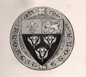 Eton-skjold lagt over roundel med skolemotto, illustration fra Memoirs of Eminent Etonians, af Sir Edward Creasy udgivet London 1876