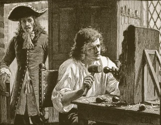 Evelyn opdager Grinling Gibbons, illustration fra Cassells Illustrated History of England (sepia foto)