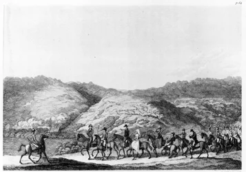 Ekspedition ind i baglandet ledet af de Mist, fra Rejser i det sydlige Afrika af Hinrich Lichtenstein, indgraveret af George Corbould, 1812