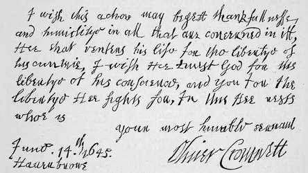 Faksimile af en del af brevet skrevet af Cromwell til Lenthall, formand for Underhuset, der annoncerer Nasebys sejr