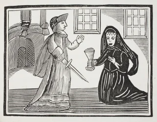Fair Rosamond bliver forgiftet af dronning Eleanor, illustration fra Chap-books of the Eighteenth Century af John Ashton, pub. 1882