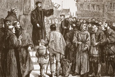 Farel prædiker på markedspladsen Neuchatel, illustration fra The History of Protestantism af James Aitken Wylie (1808-1890), pub. 1878