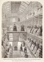 Kvindelige straffefanger på arbejde under den stille time i Brixton Prison, fra The Criminal Prisons of London og Scenes of Prison Life af Henry Mayhew (1812-87) og John Binny, 1860