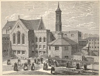 Kvindelige dømte, der træner i luftegården i Brixton Prison, illustration fra The Criminal Prisons of London og Scenes from Prison Life af Henry Mayhew og John Binny, pub. 1862
