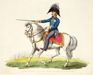 Feltmarskal von Blucher, Prins af Wagstadt, pub. af Richard Evans, engr Romney, illustration fra An Historical Account of the Battle of Waterloo af William Mudford, 1816