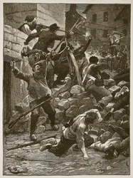 Kamp ved barrikaderne i Paris, illustration fra Cassells Illustrated History of England (sepiafoto)