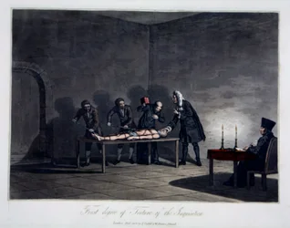 Inkvisitionens første grad af tortur, indgraveret af L.C. Stadler, pub. af Cadell & Davies, London, ca. 1813 (farvet gravering)