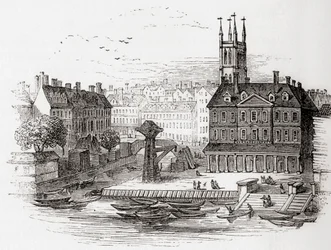 Fleet Ditch, London, England i 1749 på det tidspunkt, hvor den løb ind i Themsen ved Bridewell, fra Old England: A Pictorial Museum, pub. 1847