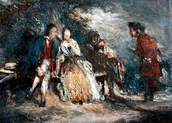 Fire figurer, to af dem elskere, i samtale, ca. 1800 (olie om bord)