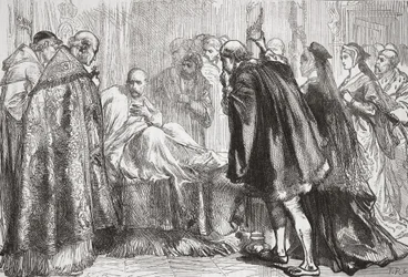 Francis I på sit dødsleje, illustration fra The History of Protestantism af James Aitken Wylie (1808-1890), pub. 1878