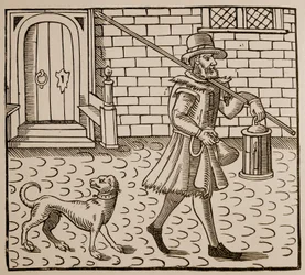 Frontispice fra The Bellman of London, af Thomas Dekker (1572-1632), 1616 (sepia foto)