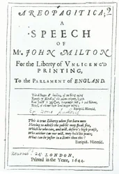 Frontispice af Areopagitica, en tale af John Milton (1608-74) pub. i 1644