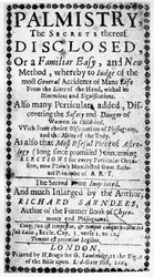 Frontispice to Palmistry, the Secrets of it Disclosed af Richard Saunders, 1664