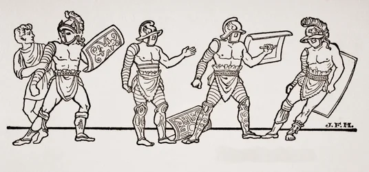 Gladiatorer, fra et vægmaleri i Pompeji, illustration fra The Outline of History af H.G. Wells, bind I, udgivet i 1820