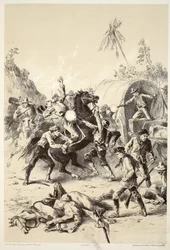 Guld-eskorte angrebet af Bush Rangers, fra The History of Australasia af David Blair, McGrady, Thomson og Niven, 1879