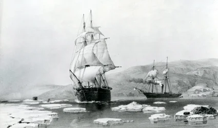HMS Assistance og Pioneer bryder ud af vinterkvarteret i 1854 (litografi)