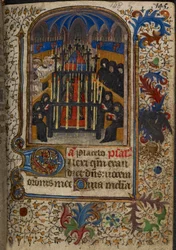 Harley 1251, fol.148 En begravelsesgudstjeneste med kisten dækket af John, Duke of Bedfords våben, fra 