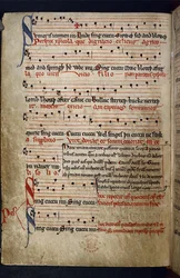 Harley MS 978 f.11v Musical Miscellany, fra "Collection of poems including fables and musical, calendrical, and medical texts" (blæk og farve på pergament)