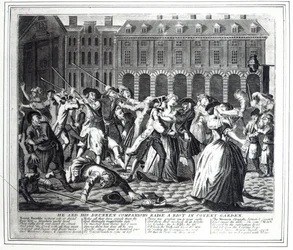 He and His Drunken Companions Raise a Riot in Covent Garden, fra en piratkopieret serie baseret på Hogarths 