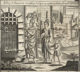 Henry 4 Kejser venter 3 dage og nætter i frost og sne på optagelse til pave Gregory, illustration fra Acts and Monuments af John Foxe, niende udgave, pub. 1684