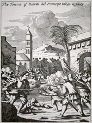 Henry Morgan fanger og plyndrer byen Puerto de Principe, Cuba, i 1668, illustration fra 