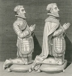 Henry Stuart, Lord Darnley og hans bror Charles Stuart, jarl af Lennox, knælende foran deres mors grav i Westminster Abbey, indgraveret af Andrew Birrell, 1796