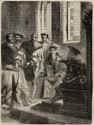 Henrik VIII. og hans råd, der ordinerede oversættelsen af Bibelen til engelsk - 1538 - gravering fra "" History of England"" af Cassell Petter & Galpin
