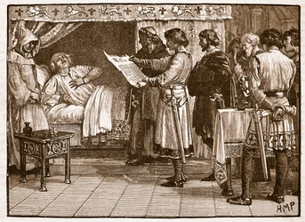 Henry modtager nyheden om Johns forræderi, illustration fra Cassells Illustrated History of England (sepia foto)