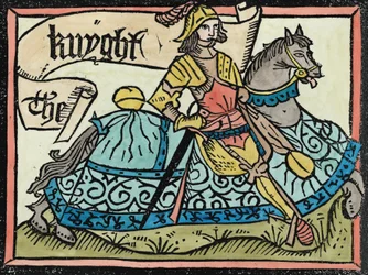 Her Begynneth the Knightes Tale, illustration fra The Canterbury Tales af Geoffrey Chaucer (ca. 1345-1400) trykt af William Caxton (ca. 1422-91) 1434 (senere farvelægning)