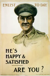 Hes Happy & Satisfied - Are You?, britisk rekrutteringsplakat fra første verdenskrig, 1914-18