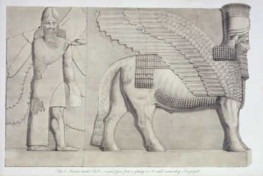 Tyre med menneskehoved og bevinget figur fra en port på muren omkring Kouyunjik, plade 3 fra Nineveh and its Remains af Austen Henry Layard (1817-94) udgivet 1849