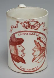 Humoristisk krus dekoreret med vendbare hoveder af en mand og kvinde, ca. 1780 (cremeware)